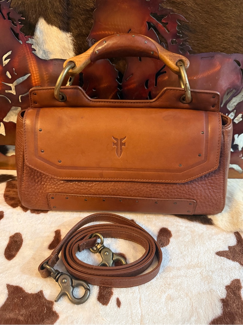 Frye Cognac Brown Leather Satchel with Detachable Strap